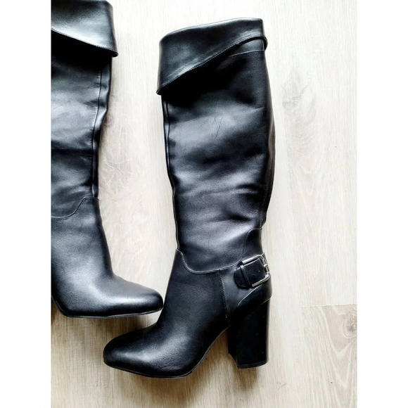 Vince Camuto Black Sidney Leather Block Heel Tall Knee High Buckle Boots 8.5 - Picture 3 of 16